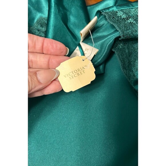 Victoria’s Secret OS Satin Kimono Robe Emerald Green Lace Trim Gold Label VTG - Picture 11 of 14
